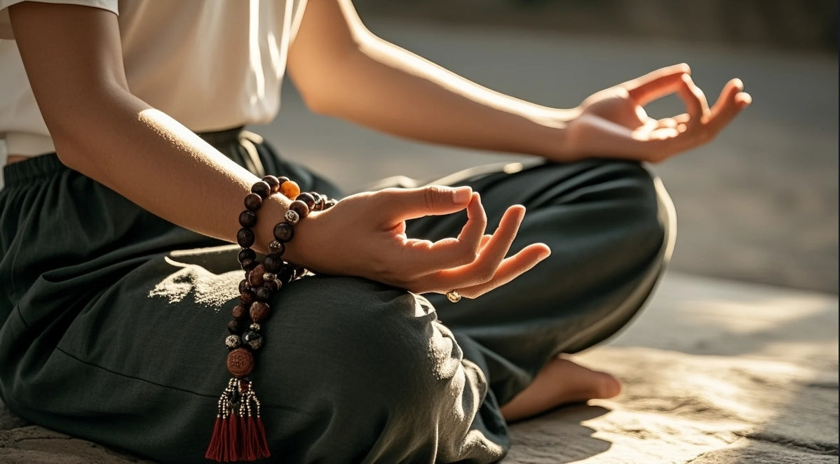 Woman meditating outdoors wearing a Buddha bracelet